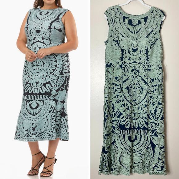 JS COLLECTIONS DRESS 14W GREEN FALL WEDDING GUEST MOTHER OF BRIDE EVENING LACE - Picture 1 of 16